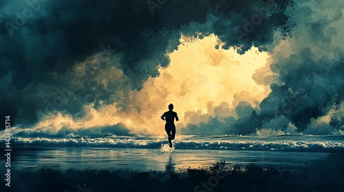 Runner silhouetted at ocean's edge, running towards sunrise, storm clouds behind; hope, perseverance concept