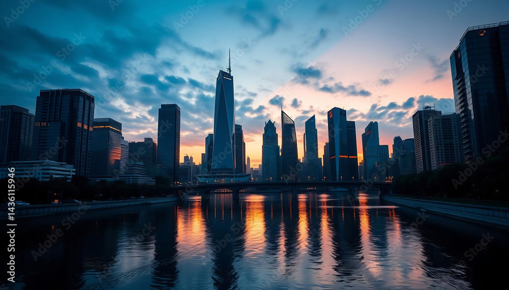 Obraz premium Urban Skyline at Dusk with Reflections