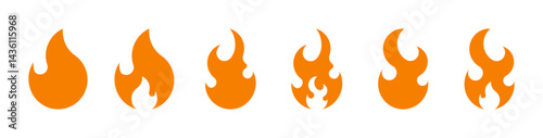 Fire icons set. Flame orange red symbol. Collection of vector signs. The bonfire campfire logo. Different shapes. Isolated on a white background. Editable ones.