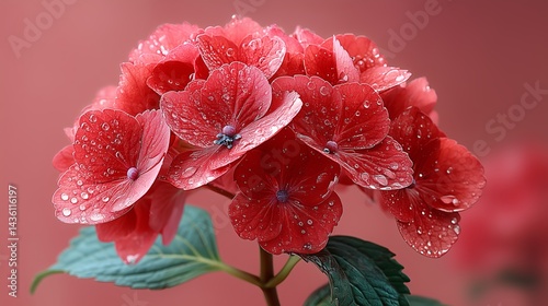 朝日の下で輝く赤い紫陽花の花
