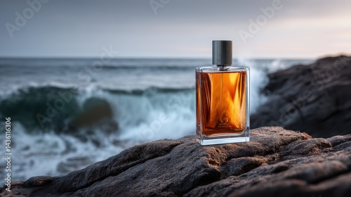 Fragrance bottle resting on rock with ocean waves in the background