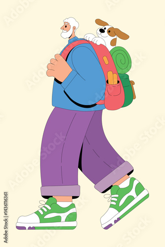 Cheerful cartoon of an elderly man hiking with a dog in a backpack, flat style, for banners, blogs, ads about travel, adventure, outdoor lifestyles