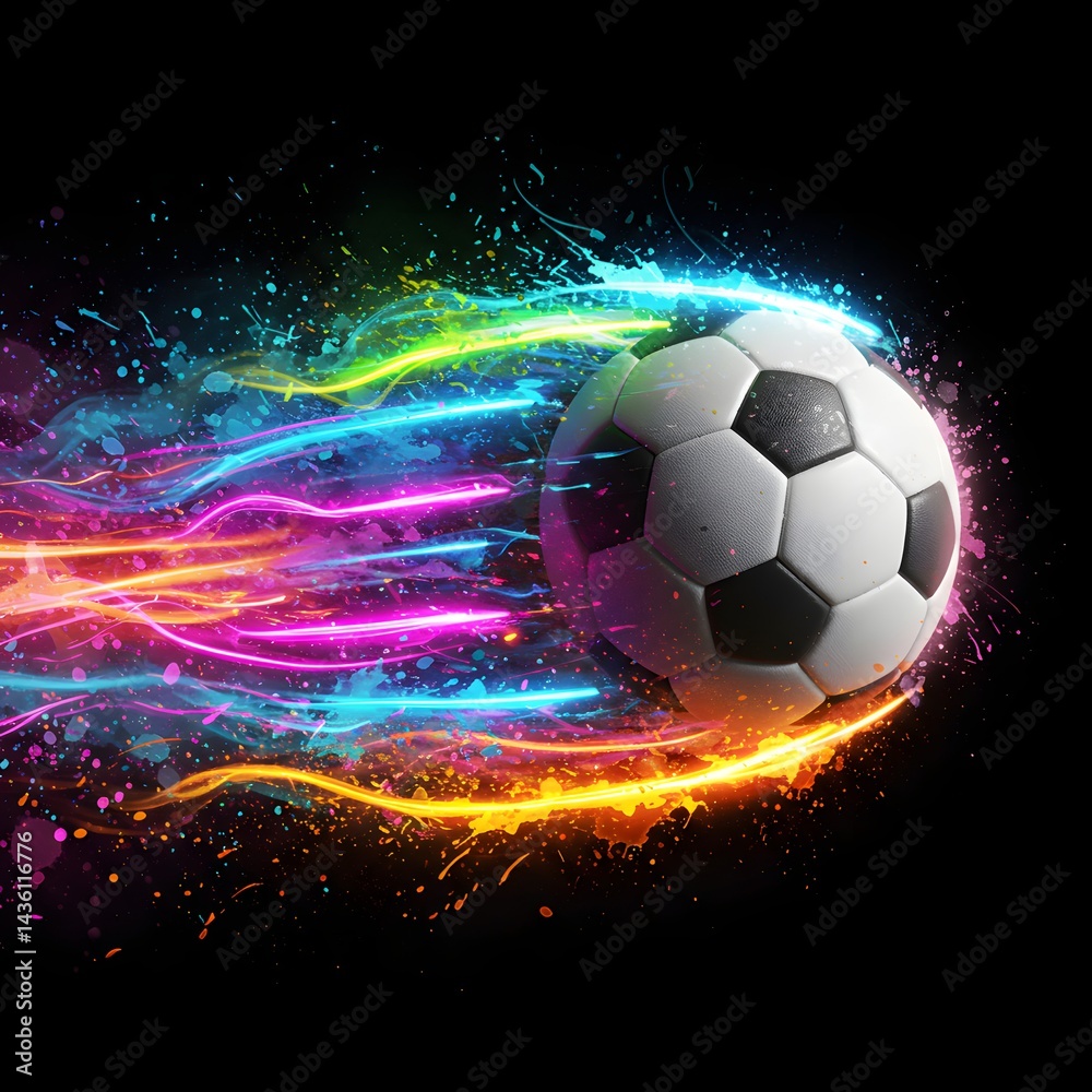 Fototapeta premium A soccer ball with colorful light trails on a black background in a dynamic and artistic presentation