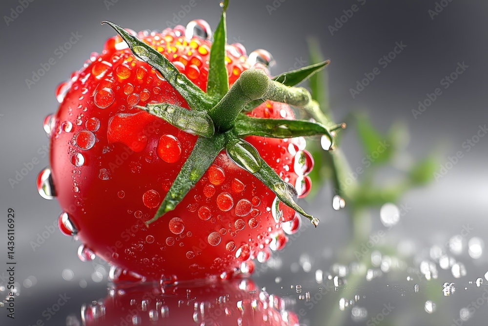 A vibrant, ripe tomato glistens with water droplets in this macro shot.