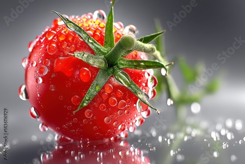 Obraz na płótnie A vibrant, ripe tomato glistens with water droplets in this macro shot. w salonie