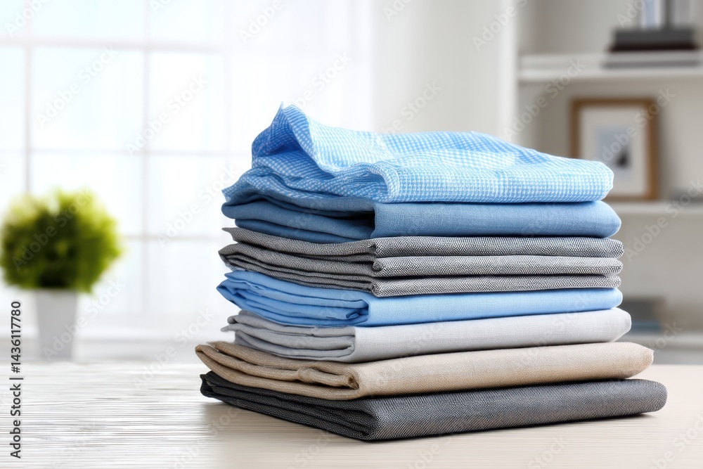 Stack of folded fabrics in various shades of blue and gray colors Stack of folded fabrics in various shades of blue and gray colors