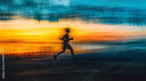 Runner silhouetted at sunset, motion blur, coastal path