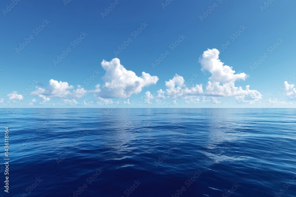 Fototapeta premium Open ocean view with fluffy clouds against a bright blue sky above it