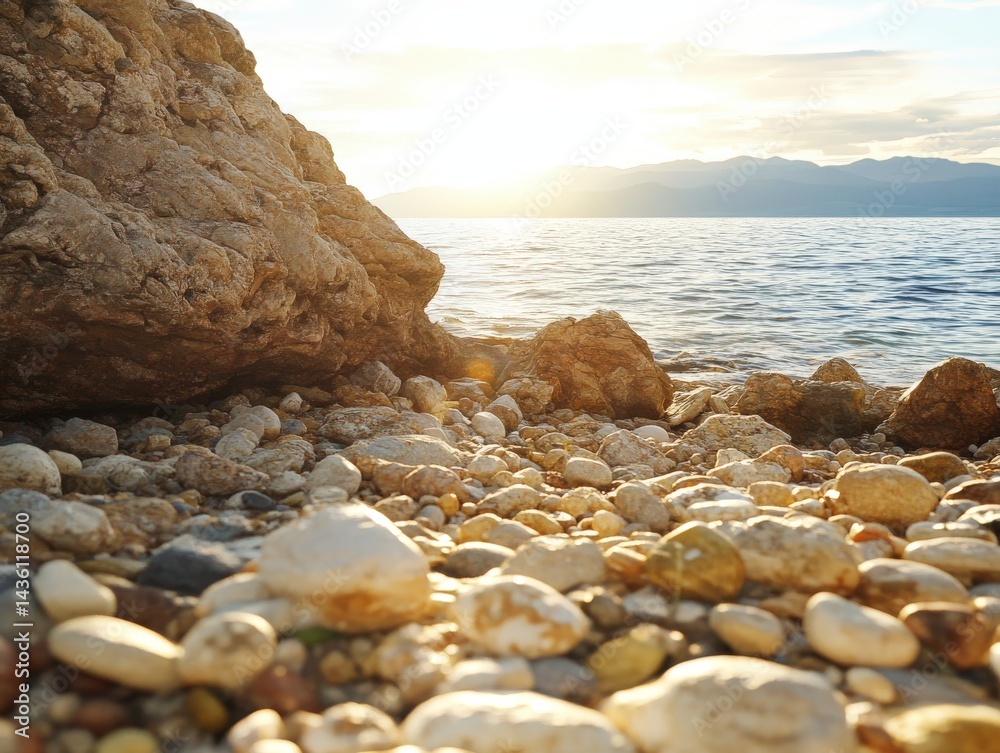 Beach shore with small rocks and sunlight illuminating the waves and textured pebbles at golden hour reflecting calm oceanic atmosphere and shore proximity detail Beach shore with small rocks and sunlight illuminating the waves and textured pebbles at golden hour reflecting calm oceanic atmosphere and shore proximity detail