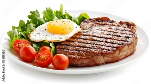 Grilled Beef Steak Served on White Plate with Sunny Side Up Egg and Greens
