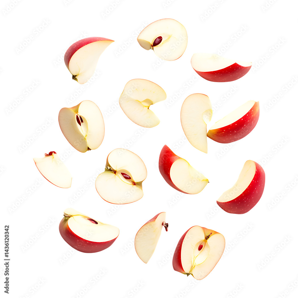 Red apple slices floating  healthy fruit fresh cut apples food photography studio shot isolated on a transparent background.