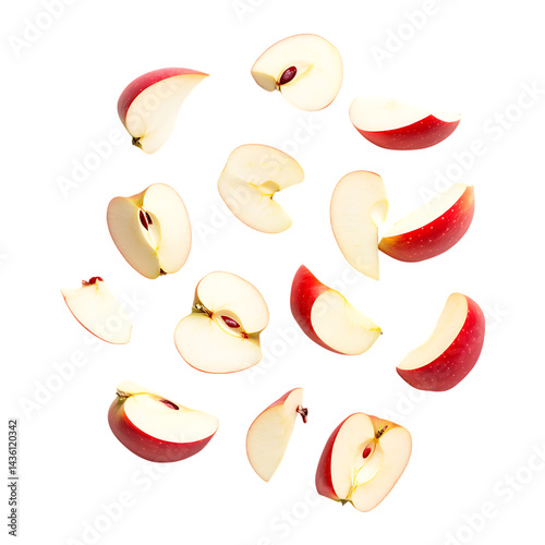 Red apple slices floating  healthy fruit fresh cut apples food photography studio shot isolated on a transparent background.