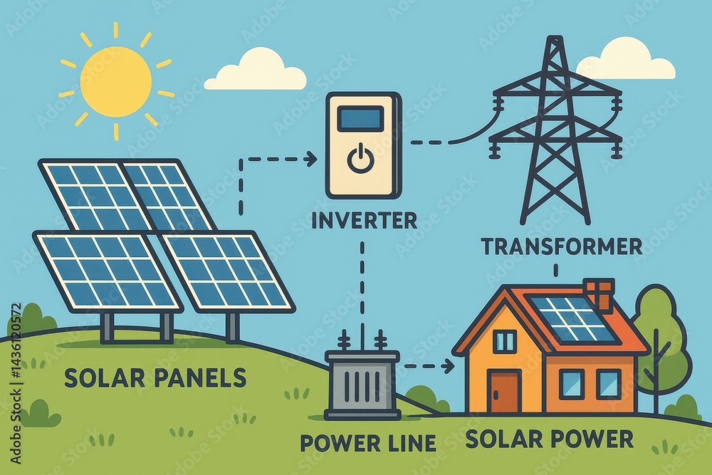 Simple Diagram of Solar Cell System with Panels and Power Components