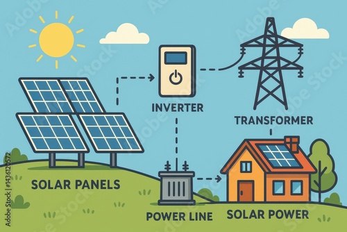 Obraz na płótnie Simple Diagram of Solar Cell System with Panels and Power Components w salonie