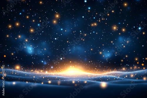 Glowing particles illuminate a dark, undulating landscape, resembling a starry night or celestial scene with bright, warm light emanating from below
