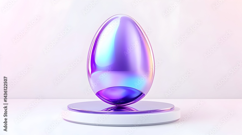 Iridescent purple egg on a circular platform against a white background The egg displays a pearlescent sheen with color shifting effects Iridescent purple egg on a circular platform against a white background The egg displays a pearlescent sheen with color shifting effects