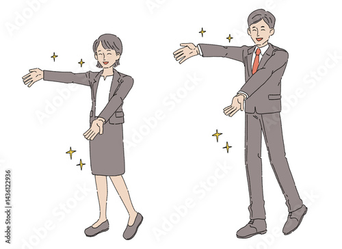 両手を広げて楽しそうなスーツ姿の男性と女性