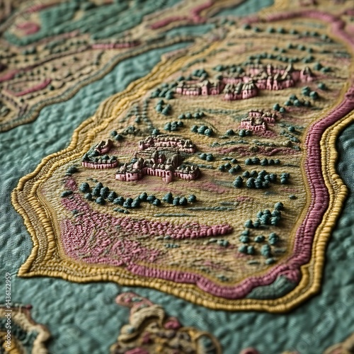 Detailed embroidered map of a fantastical land.  Exquisitely crafted, showing a variety of terrain types, including forests, water, and settlements