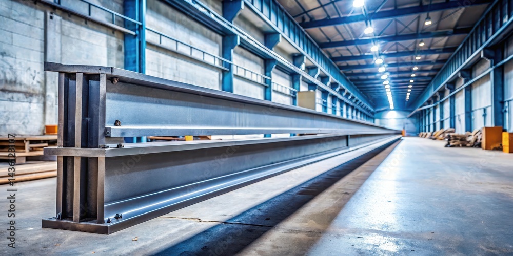 Fototapeta premium Steel i-beam leaning against a concrete wall with industrial equipment and pipes in the background, highlighting its structural integrity, machinery, factory