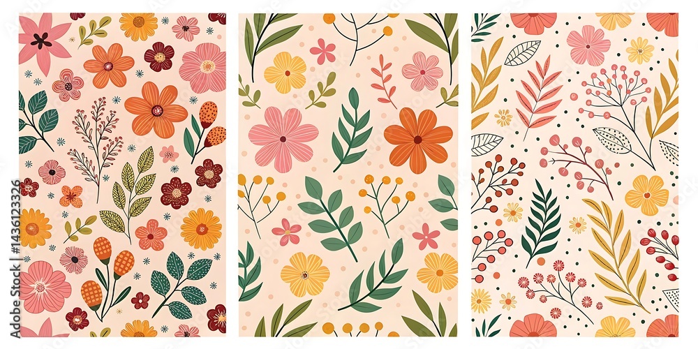 Three vibrant floral seamless patterns perfect for textile design featuring hand drawn flowers leaves and branches in warm earthy tones on a soft Three vibrant floral seamless patterns perfect for textile design featuring hand drawn flowers leaves and branches in warm earthy tones on a soft