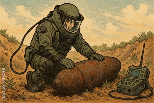 Soldier in Bomb Disposal Suit Working on Explosive Device