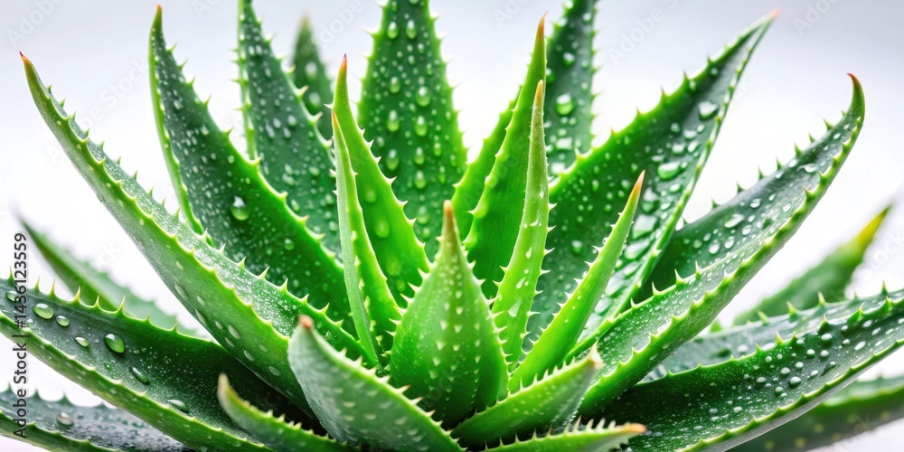Fototapeta premium Aloe vera plant with vibrant green leaves and soothing gel, set against a soft white background, highlighting its natural beauty and medicinal properties, green leaves, interior design