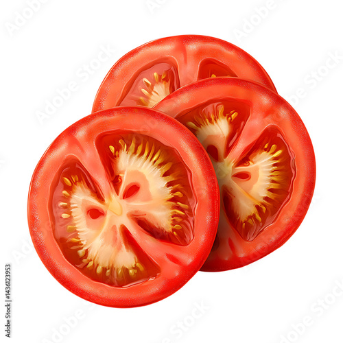 Fresh sliced tomato slices closeup healthy food ingredient vegetable isolated on a transparent background.