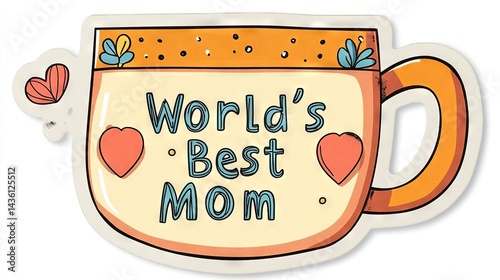 Cartoon Mug Sticker “World’s Best Mom” – Flat Cute Design with Pastel Colors for Mother’s Day