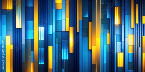 Geometric abstract background with thick, vibrant stripes of alternating blue and yellow colors, reminiscent of a futuristic cityscape at night , thick striped patterns, blue and yellow