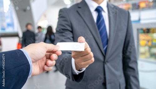 グレーのスーツを着た日本人男性が名刺交換をする瞬間の手元クローズアップ。礼儀正しく、ビジネスマナーを重んじた所作が伝わるシーン


