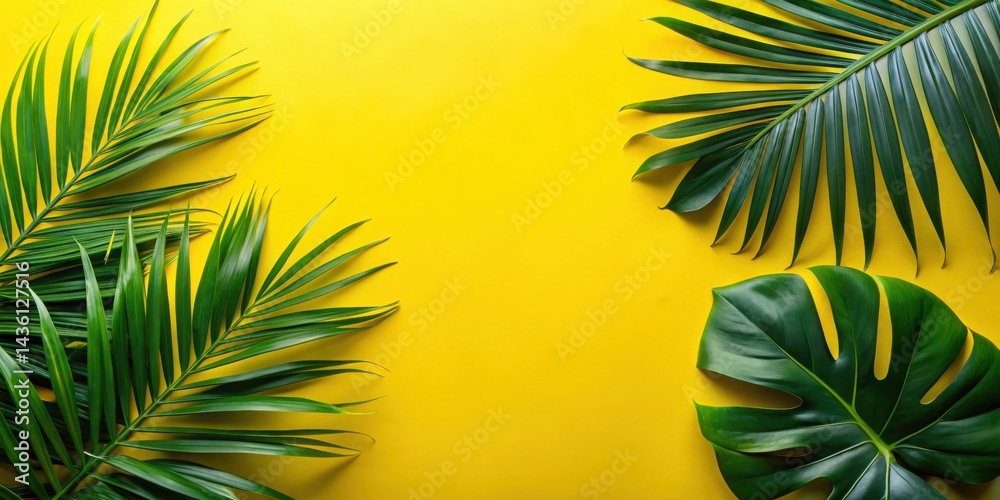 Fototapeta premium Vibrant Green Tropical Foliage Arranged on Sunny Yellow Background, Ideal for Summer Designs and Projects