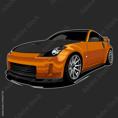 A fast yellow sportscar model, a luxury vehicle, is isolated on white and black