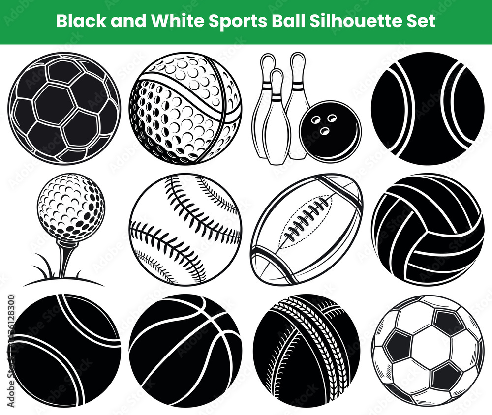 Obraz premium Diverse Sports Ball Icons Set, Football, Bowling, Tennis, Baseball, Volleyball, Outline