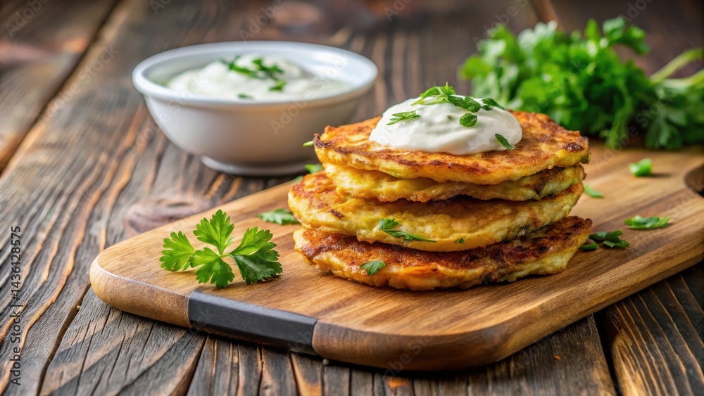 Golden brown potato pancakes with yogurt sauce and herbs on a wooden board, yogurt, food, yogurt,food, breakfast Golden brown potato pancakes with yogurt sauce and herbs on a wooden board, yogurt, food, yogurt,food, breakfast