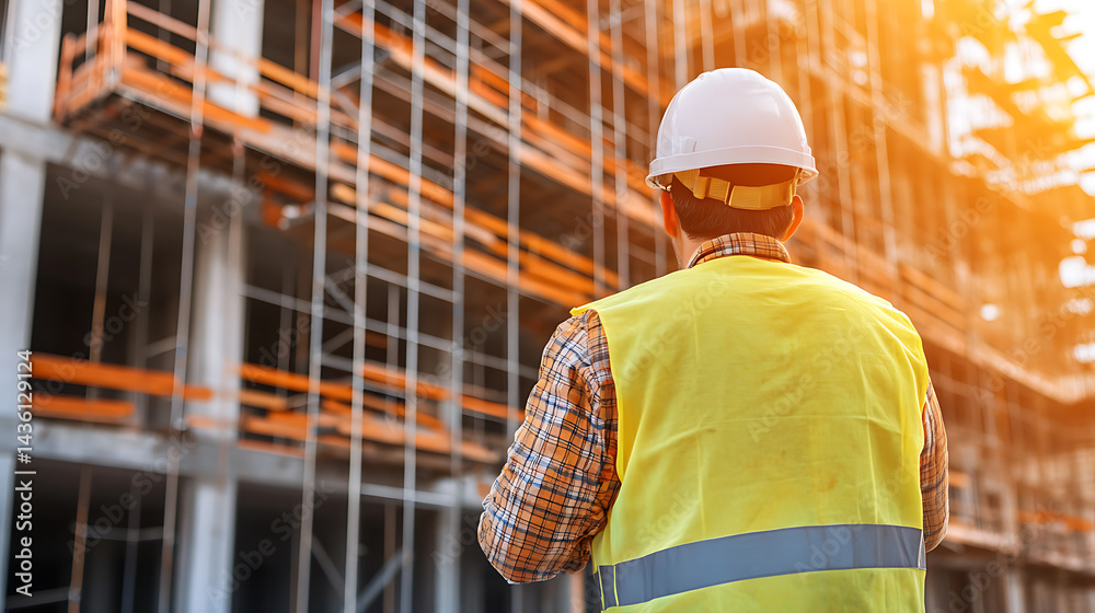 Construction Worker in Safety Gear at Building Site