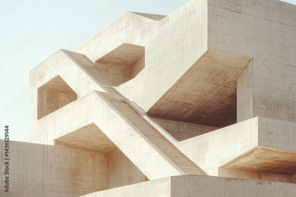 Fototapeta premium Geometric concrete architecture with stairs, showcasing interplay of light and shadow.