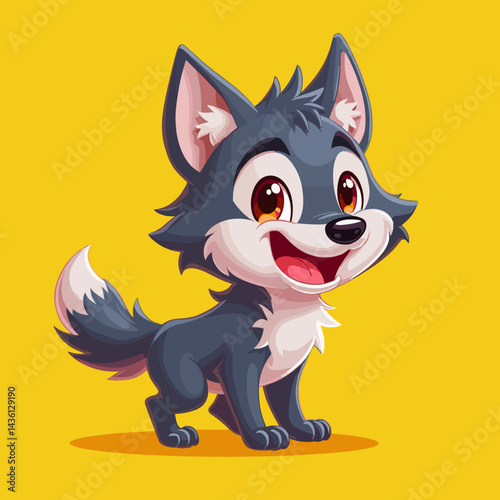 Tiny werewolf kid with floppy ears, wagging his tail excitedly