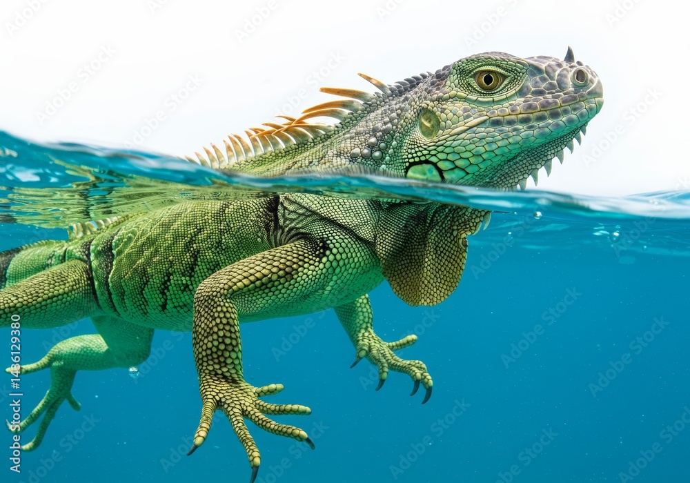 Obraz premium Iguana emerges in crystalline waters showcasing its textured skin
