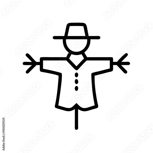 Stylized scarecrow figure with hat and stitched details standing guard in the field design icon