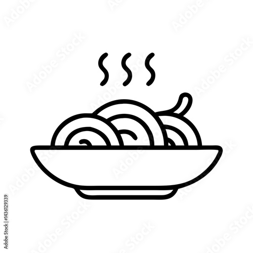 Simple graphic of a bowl filled with pasta and steam rising, presented in black and white style