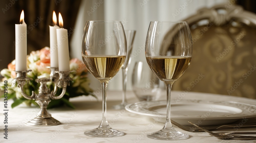 Two Wine Glasses with White Wine, Elegant Table Setting, Soft Overhead Light, Blurred Background Two Wine Glasses with White Wine, Elegant Table Setting, Soft Overhead Light, Blurred Background