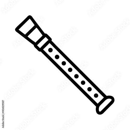 Simple graphic showing a black and white illustration of flute with finger holes and mouthpiece displayed clearly