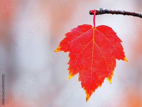 Red maple leaf hanging by thread with strong shallow depth captured in macro mode on soft blurred background creating isolated autumn element in seasonal botanical subject focus