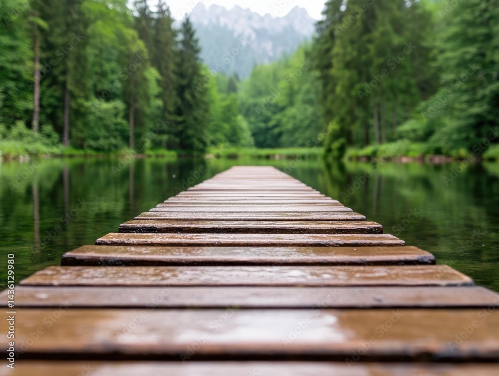 Fototapeta premium Wooden path through dense green forest with tall trees and perspective alignment captured in daylight showing immersive outdoor experience of tranquil natural journey in environmental trail photo
