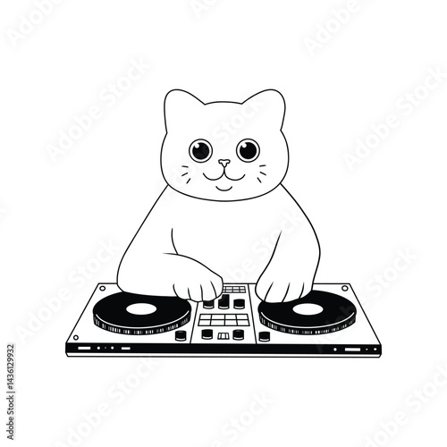 smile face cat dj lineart doodle vector
