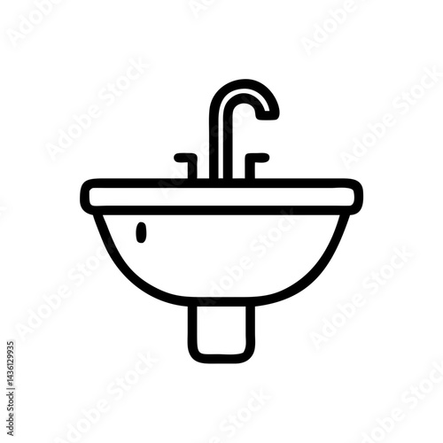 A simple graphic of a bathroom sink with a curved faucet and drain in a minimalist style design icon