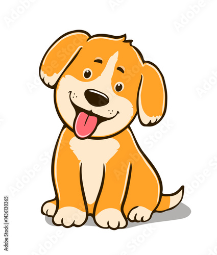 Cartoon illustration of a sitting dog, yellow puppy, friendly and welcoming, smiling mouth with a pink tongue