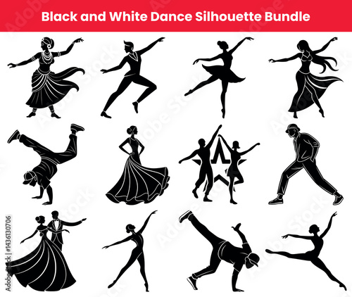 Diverse Dancing People Silhouettes Collection Isolated on White Background