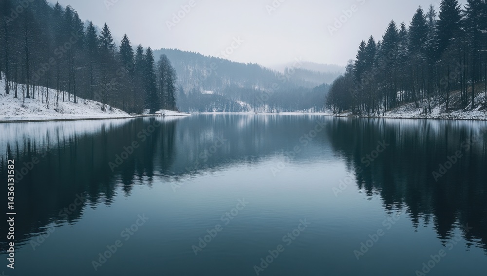 Fototapeta premium Winter Serenity: Frozen Lake and Snowy Forest