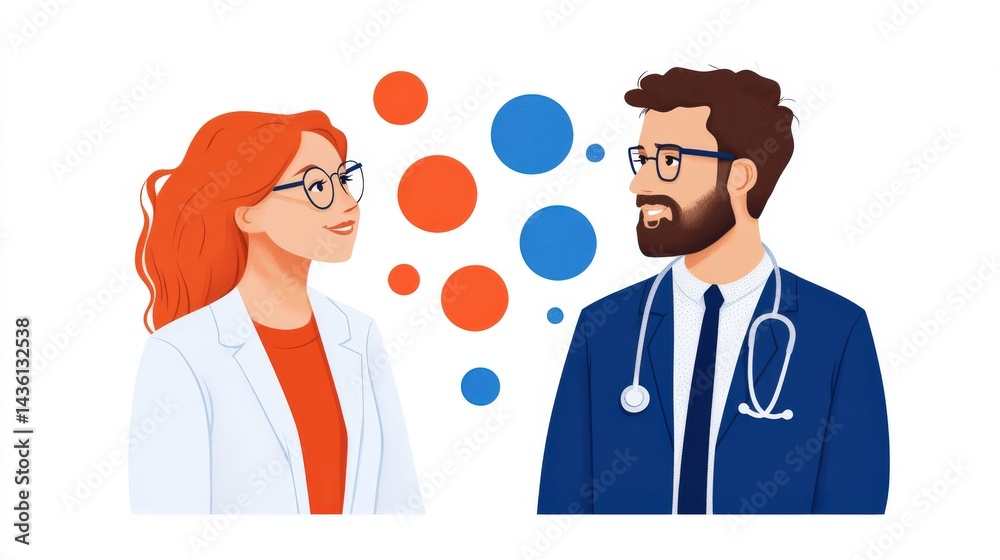 Fototapeta premium Illustrated concept of medical consultation between woman and man healthcare professionals in flat vector style with speech bubbles and clean design